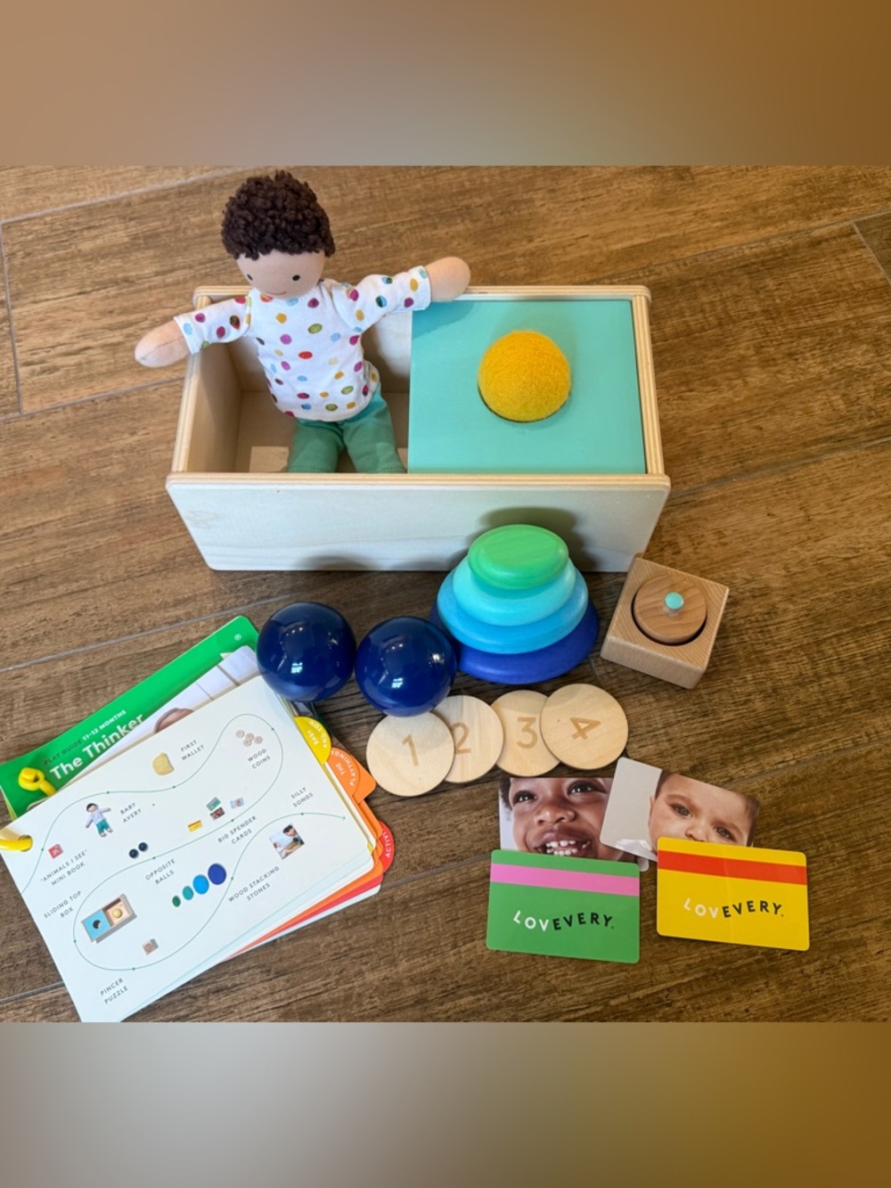 Lovevery Wooden Learning Play Set with Plush Doll - Green/Blue